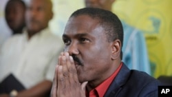 FILE - Presidential candidate Jude Celestin holds a news conference in Port-au-Prince, Haiti, Nov. 6, 2015. 