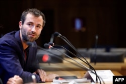 Chief of RSF investigation office Arnaud Froger speaks during a press conference at the French Senat in Paris, on October 30, 2023, ten years after Ghislaine Dupont and Claude Verlon, two French journalists were killed on November 2, 2013 in Mali.