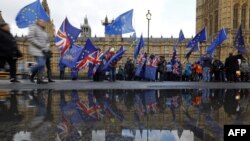 Manifestantes opuestos al Brexit ondean bandeas británicas frente al Parlamento en Londres el 12 de marzo de 2019.