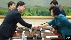 In this photo released by the South Korean Unification Ministry, South Korea's Unification Policy Officer Chun Hae-sung, left, shakes hands with the head of North Korea's delegation Kim Song Hye, right, June 10, 2013.