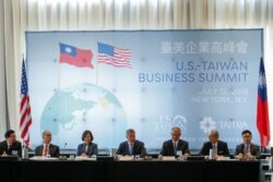 FILE - Taiwan's President Tsai Ing-wen (3rd-L), and Chairman of U.S.-Taiwan Business Council Michael Splinter, (C) attend the U.S.-Taiwan business summit in New York, July 12, 2019.