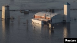 Flooded Camp Ashland Army National Guard facility is seen in this aerial photo taken in Ashland, Nebraska, March 17, 2019. 