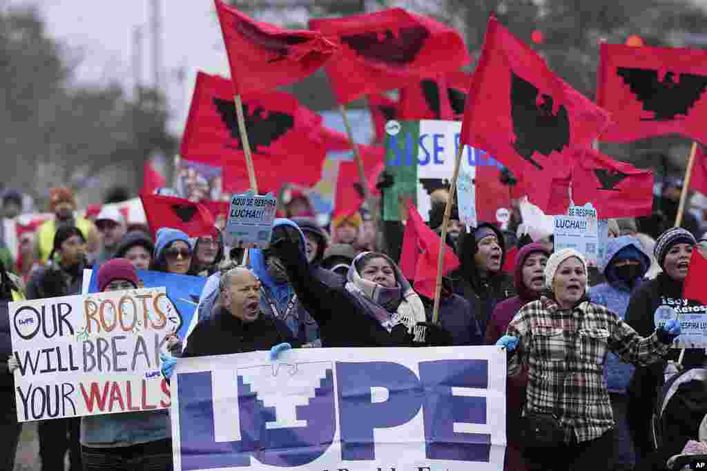 La Union del Pueblo Entero (LUPE), meaning The Union of the Entire People, march to protest the inauguration of incoming President-elect Donald Trump, in McAllen, Texas, Jan. 20, 2025.