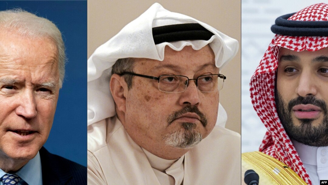 Foto kombinasi Presiden AS Joe Biden, mendiang Jamal Khasoggi, dan Putra Mahkota Arab Saudi Mohammed bin Salman, 26 Februari 2021.