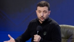 Ukraine's President Volodymyr Zelenskyy speaks during a joint press conference on the sidelines of the "Ukraine. Year 2025" forum in Kyiv on Feb. 23, 2025.