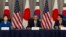 President Barack Obama meets with South Korean President Park Geun-hye, left, and Japanese Prime Minister Shinzo Abe during the Nuclear Security Summit in Washington, March 31, 2016.