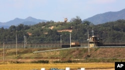 Military guard posts of North Korea, top, and South Korea, center, in Paju, South Korea, near the border with North Korea, Oct. 15, 2019. South Korea is deploying snipers, installing traps and flying drones along the border to kill wild boars.