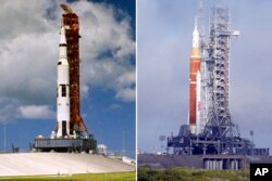 FILE - This combination of photos shows the Saturn V rocket with Apollo 12's spacecraft aboard on the launch pad at the Kennedy Space Center in 1969, left, and the new moon rocket for the Artemis program with the Orion spacecraft at the Kennedy Space Center in Cape Canaveral, Fla., on March 18, 2022.