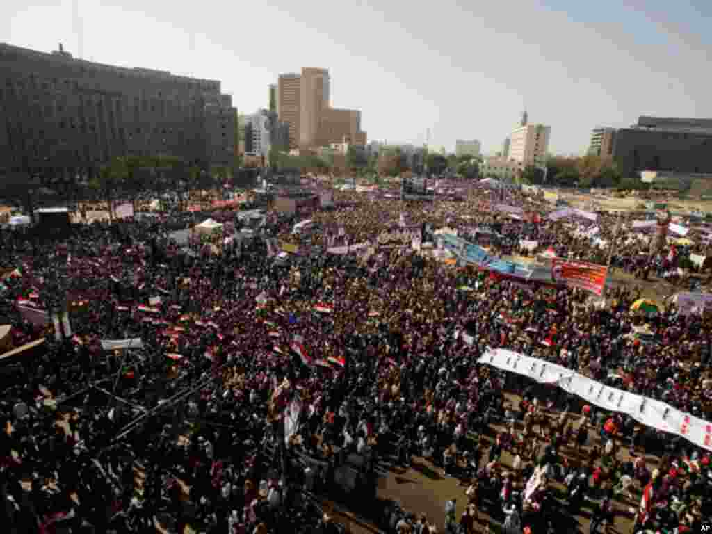 On January 25, 2012, thousands of Egyptians gather in Cairo's Tahrir Square to mark the one year anniversary of the uprising that ousted Hosni Mubarak. (AP)