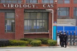 FILE - Security personnel gather near the entrance of the Wuhan Institute of Virology during a visit by the World Health Organization team in Wuhan, China, Feb. 3, 2021.