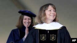Jill Abramson, former executive editor of The New York Times, receives an honorary Doctor of Humane Letters degree at Wake Forest University in Winston-Salem, N.C., May 19, 2014. 