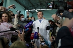 Alexander Murakhovsky, chief physician of the Omsk Ambulance Hospital No. 1 intensive care unit where opposition leader Alexei Navalny was hospitalized, speaks to the media in Omsk, Russia, Aug. 21, 2020.