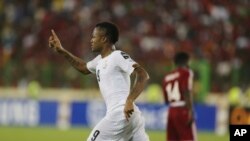 Jordan Ayew du Ghana jubile après son but lors du match Ghana-Guinée équatoriale, aux demi-finales de la CAN 2015, au stade de Malabo, 5 février 2015.