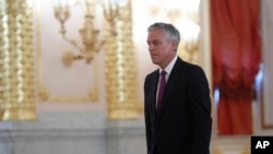 FILE - U.S. Ambassador Jon Huntsman is pictured after presenting credentials to Russian President Vladimir Putin during a ceremony in the Kremlin in Moscow, Oct. 3, 2017.
