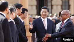 South Africa's President Jacob Zuma (R) is introduced to the Chinese delegation by China's President Xi Jinping (C) during a working visit to South Africa, in Pretoria March 26, 2013. REUTERS/Siphiwe Sibeko (SOUTH AFRICA - Tags: POLITICS)