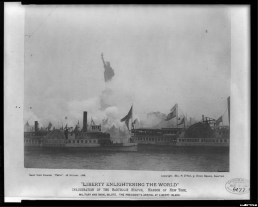 Liberty was inaugurated on October 28, 1886 in a heavy fog. Bartholdi tugged an enormous French flag from her face to reveal her to the world. 