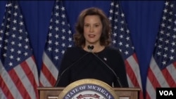 Michigan Gov. Gretchen Whitmer speaks with reporters, Feb. 4, 2020, at her office in Lansing, Mich., about delivering the Democratic response to President Trump's State of the Union address.