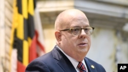 FILE - Maryland Gov. Larry Hogan speaks to lawmakers in Annapolis, Md., Feb. 5, 2020. He's one of several U.S. governors who have pledged to help resettle Afghan refugees in their states.