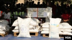 Food items lined up for distribution to the needy. (L. Masina/VOA)