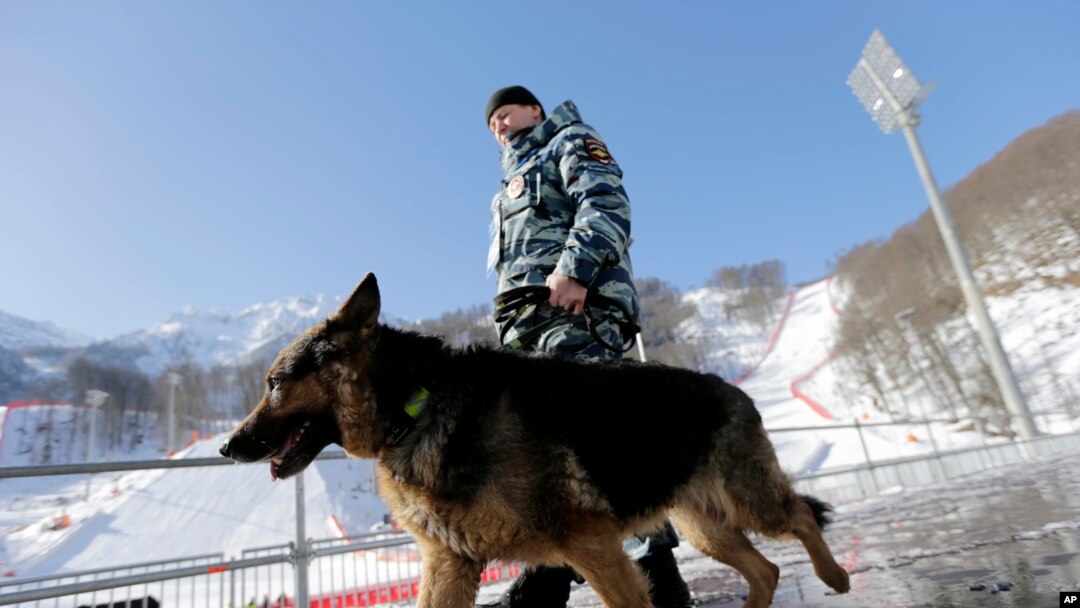 Seorang anggota pasukan pengamanan Olimpiade Sochi di Rusia dengan mitra anjingnya berpatroli di kompleks atlet.