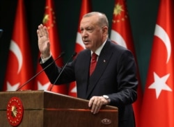 FILE - Turkey's President Recep Tayyip Erdogan speaks in a televised address in Ankara, Sept. 21, 2020.