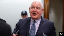 FILE - U.S. Agriculture Secretary Sonny Perdue speaks with reporters on Capitol Hill in Washington, April 11, 2018.