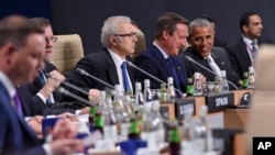 U.S. President Barack Obama, seated right, talks with British Prime Minister David Cameron, 2nd right, before the start of a session of the North Atlantic Council at PGE National Stadium in Warsaw, Poland, Saturday, July 9, 2016.