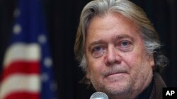 Former White House strategist Steve Bannon speaks during the Red Tide Rising Rally supporting Republican candidates, Oct. 24, 2018, in Elma N.Y. Friday in Toronto, Bannon debated conservative commentator David Frum.