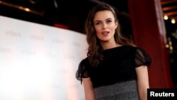 Keira Knightley arrives for the world premiere of "The Aftermath" at Picturehouse Central in London, Britain, Feb. 18, 2019. 