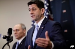 Speaker of the House Paul Ryan, R-Wis., joined at left by Majority Whip Steve Scalise, R-La., answers questions at a news conference as he defends a vote by Republicans on the House intelligence committee to release a classified memo.