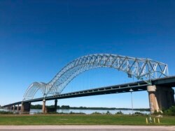 FILE - The Interstate 40 bridge connecting Tennessee and Arkansas is seen in Memphis, May 14, 2021. The bridge been indefinitely closed after a crack was found in one of its steel beams.