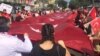 Demonstrators carry a large Turkish flag, saying they are not just protesting the attack in Istanbul, but the increasing tendency to conflate Islam and terrorism, in Vienna, Austria, July 3, 2016. (H. Murdock/VOA)