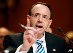 FILE - Deputy Attorney General Rod Rosenstein testifies on Capitol Hill in Washington, June 13, 2017, before a Senate Appropriations subcommittee hearing on the Justice Department's fiscal 2018 budget.