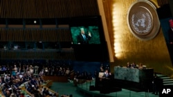 도널드 트럼프 미국 대통령이 19일 뉴욕 유엔본부에서 열린 유엔총회에서 기조연설을 하고 있다.