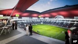 FILE - This computer image released by Qatar’s Supreme Committee for Delivery & Legacy of an artist's impression shows the Al Bayt Stadium, Qatar.