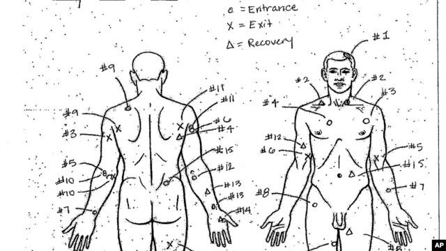 El diagrama de la autopsia de Laquan McDonald, de 17 años, quien fue baleado 16 veces por un policía de Chicago en 2014.