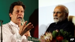 This compilation image of file photos shows Pakistan's Prime Minister Imran Khan, left, and Indian Prime Minister Narendra Modi.