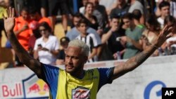 Brazilian soccer player Neymar acknowledges fans during the Neymar Jr's Five youth soccer tournament in Praia Grande, Brazil, July 13, 2019.