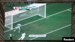 A video replay of France's Karim Benzema's goal using goal-line technology is pictured on a screen during their 2014 World Cup Group E soccer match against Honduras at the Beira Rio stadium in Porto Alegre, Brazil, June 15, 2014.