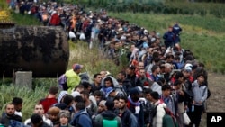 Migrants line up after crossing a border