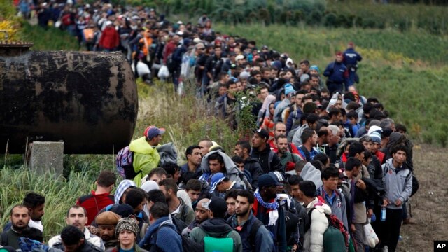 Fila de inmigrantes en el paso fronterizo de Zakany, en Hungría.
