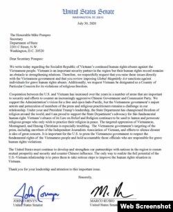 Thư của TNS Marco Rubio và TNS John Cornyn gửi Ngoại trưởng Mike Pompeo.