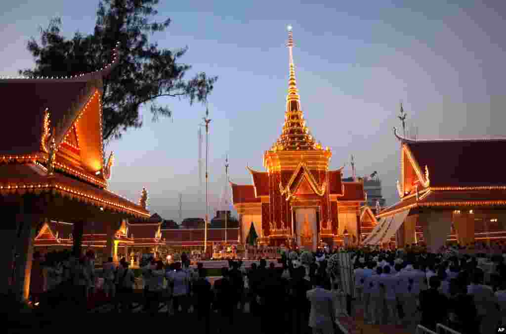 The crematorium site for Cambodia&#39;s former King Norodom Sihanouk is seen at dusk in Phnom Penh. Hundreds of thousands of mourners gathered in the capital city for the cremation of Sihanouk, the revered &quot;King-Father.&quot;