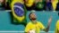 Brazil forward Neymar reacts after scoring a goal during the second half of a friendly soccer match against Colombia, Sept. 6, 2019, in Miami Gardens, Fla. 