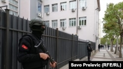 Montenegro -- Police in front of the court ahead of the verdict for attempting a state coup in Montenegro on October 16th in 2016, Podgorica, May 9, 2019.