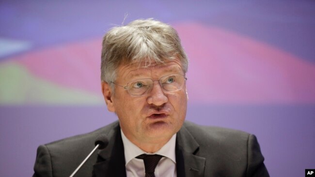Jörg Meuthen, leader of Alternative For Germany party, talks to journalists during a press conference in Milan, April 8, 2019.