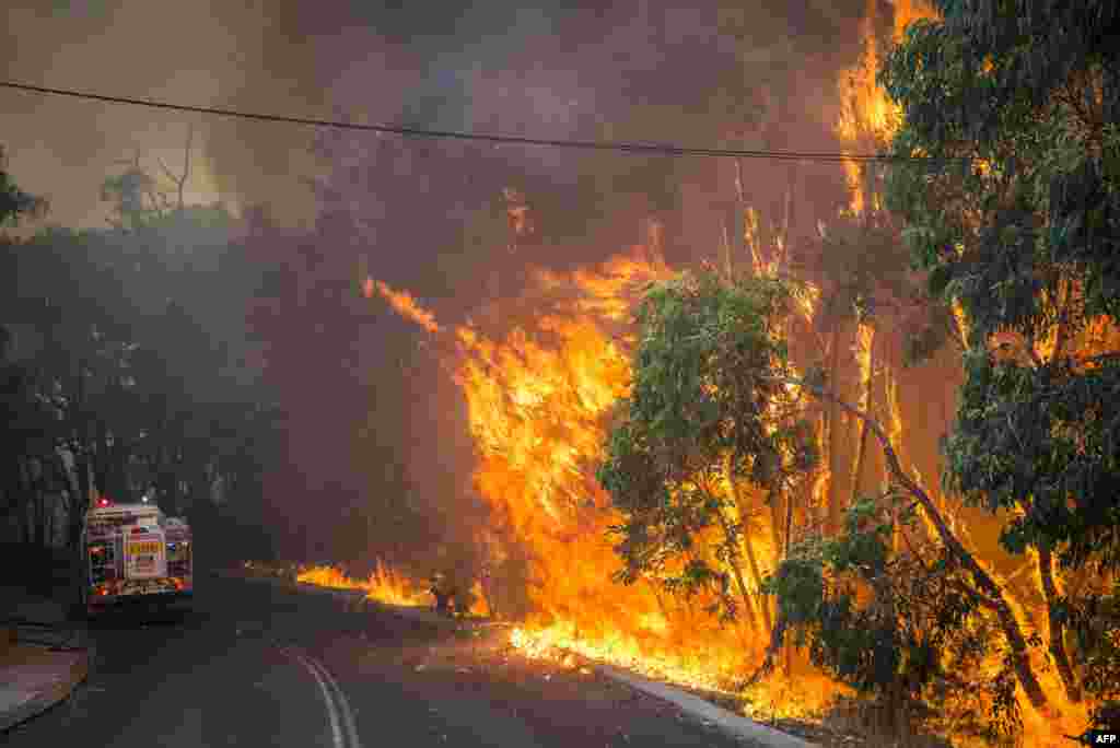 Wildfire along the edge of the road next to a firetruck in the Stoneville area, a suburb east of Perth in the state of Western Australia, Jan. 12, 2104. A man died and four other people were missing after a fast-moving wildfire destroyed at least 46 homes, officials said. (Photo provided by Australia&#39;s Department of Fire and Emergency Services)