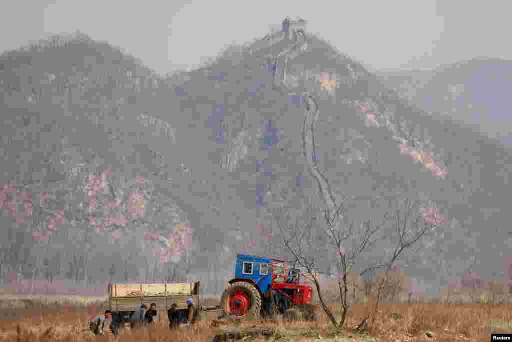 Para petani Korea Utara bekerja di kota Sinuiju, Korut, sementara bagian bangunan dari Tembok Besar China tampak di kota Dandong, Liaoning, China.