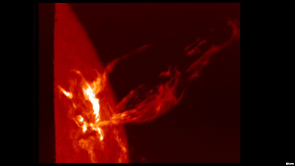 In a Coronal Mass Ejection (CME) solar material streaks out through the interplanetary medium, impacting any planet or spacecraft in its path. They are sometimes associated with flares, but usually occur independently. (Photo: NOAA Space Weather Prediction Center)