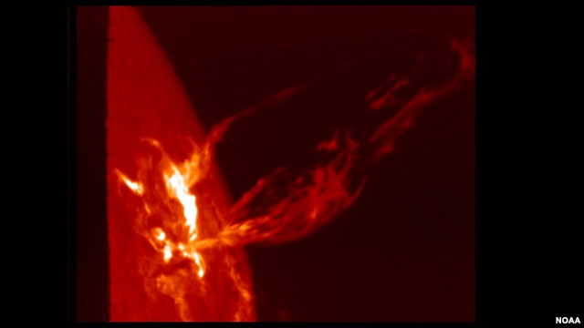 In a Coronal Mass Ejection (CME) solar material streaks out through the interplanetary medium, impacting any planet or spacecraft in its path.  (NOAA) 
